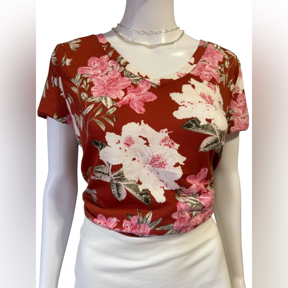 LuLaRoe Oversized Rust Floral V-Neck Top with Pink & White Blooms